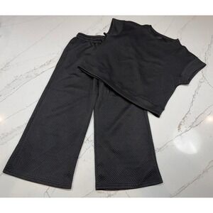 Black Textured Knit Short Sleeve Top Wide Leg Pants Set Women's Size Small